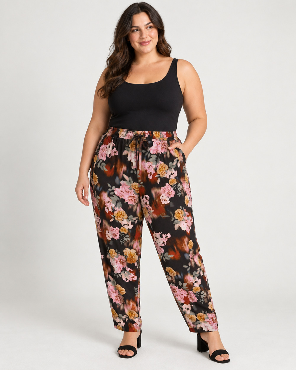 Torrid Size 1 1X Floral Pull On Pants Black Pink Drawstring Plus Size